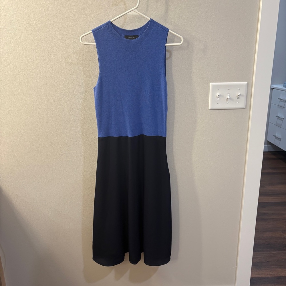 Ann Taylor Blue and Black Sheath Midi Dress Crew Neck